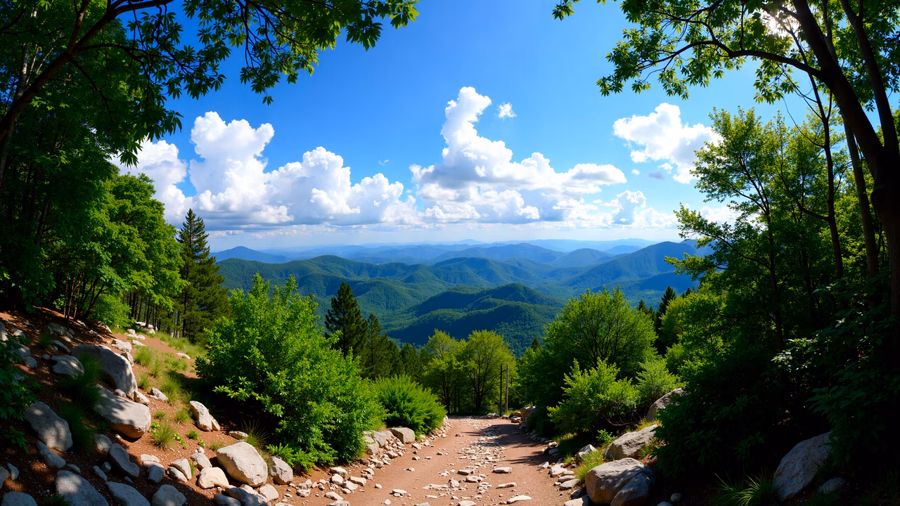 A picturesque pathway through verdant mountains under a sunny sky.