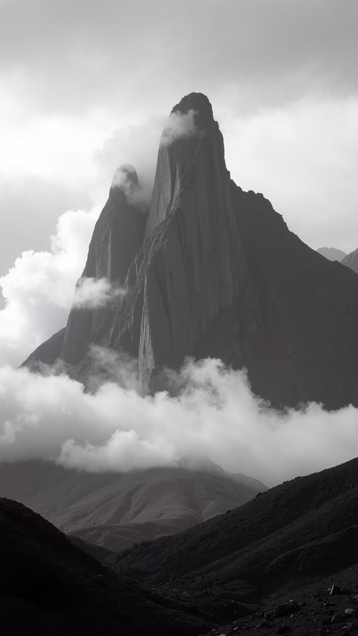 Dramatic black-and-white mountain peak amidst clouds, evoking awe and solitude.