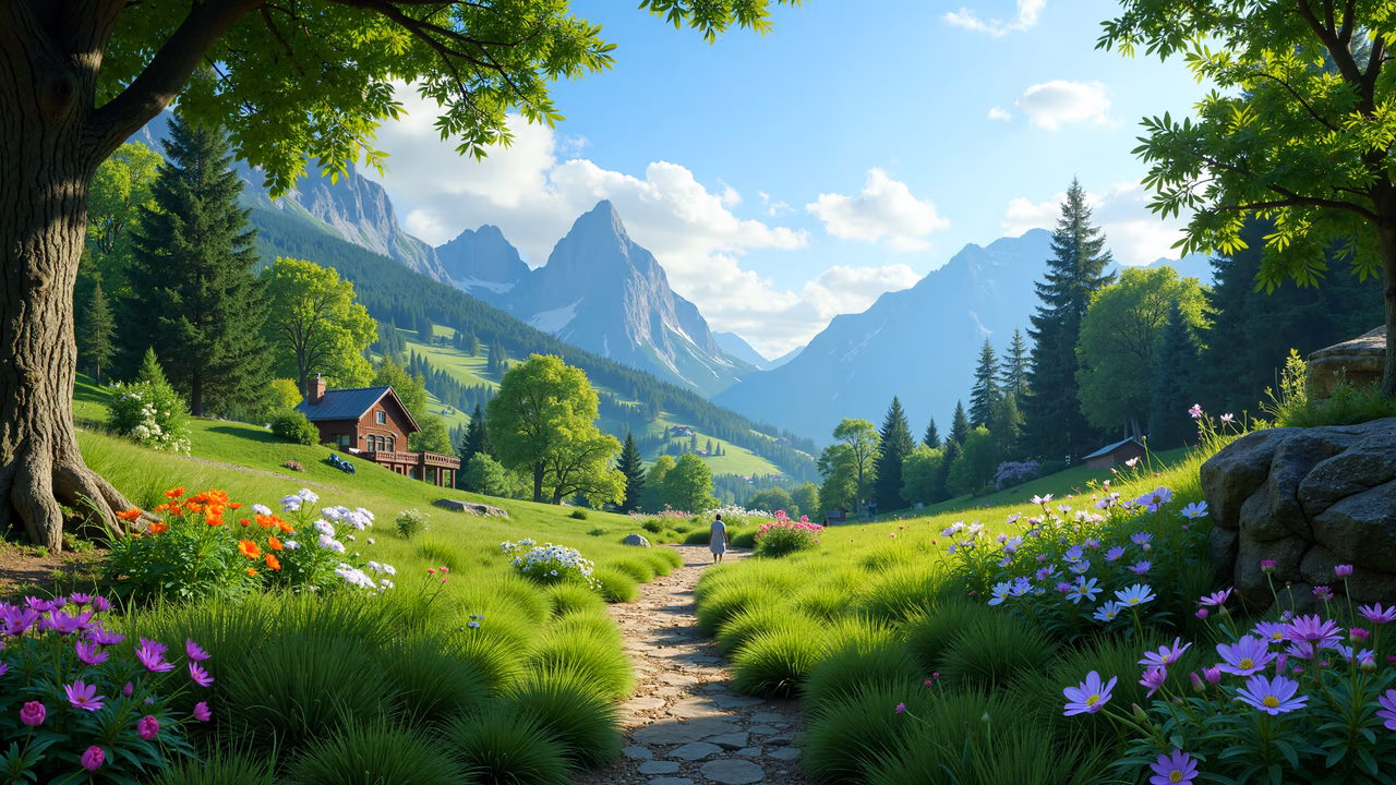 A serene mountain landscape with blooming flowers and a solitary figure walking on a stone path.