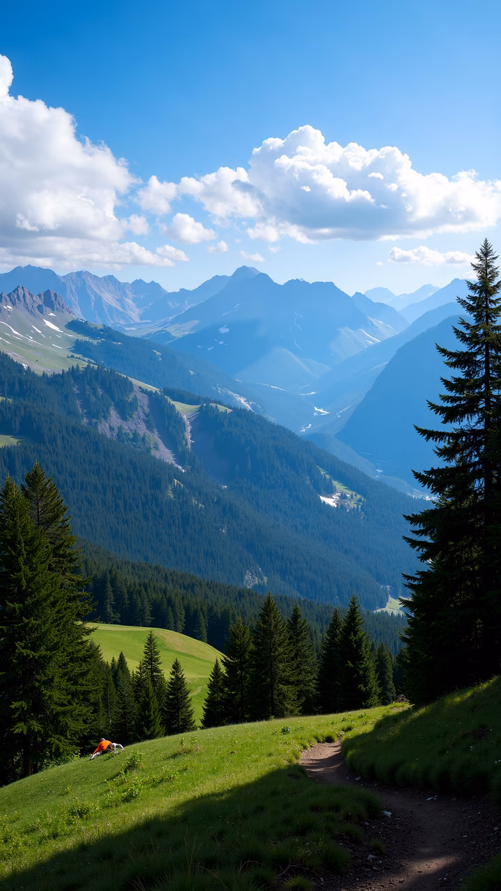 A tranquil mountain valley with lush greenery and towering peaks under a clear blue sky.