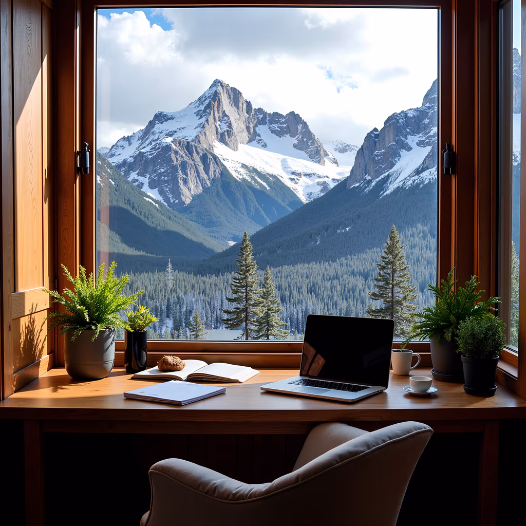 A peaceful desk with a mountain view, perfect for work or relaxation.