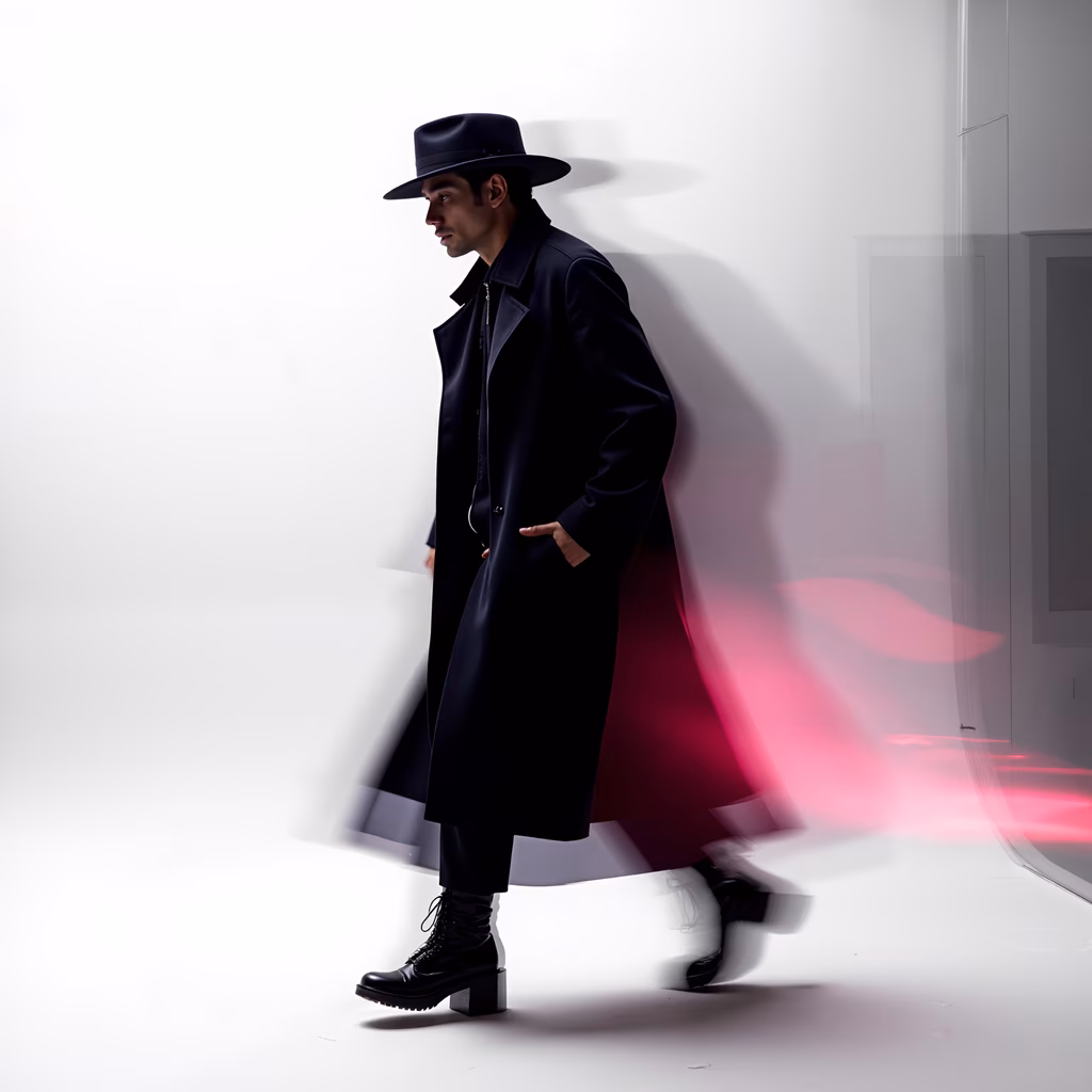 Mysterious Gentleman in Black Coat, Pink Blur, Fashion Illustration