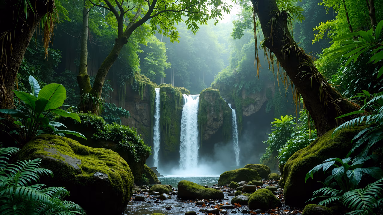 A mystical jungle waterfall surrounded by lush greenery and misty depths.