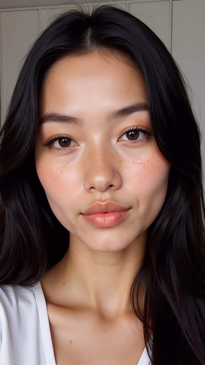 Close-up portrait of natural beauty with soft lighting and freckles.