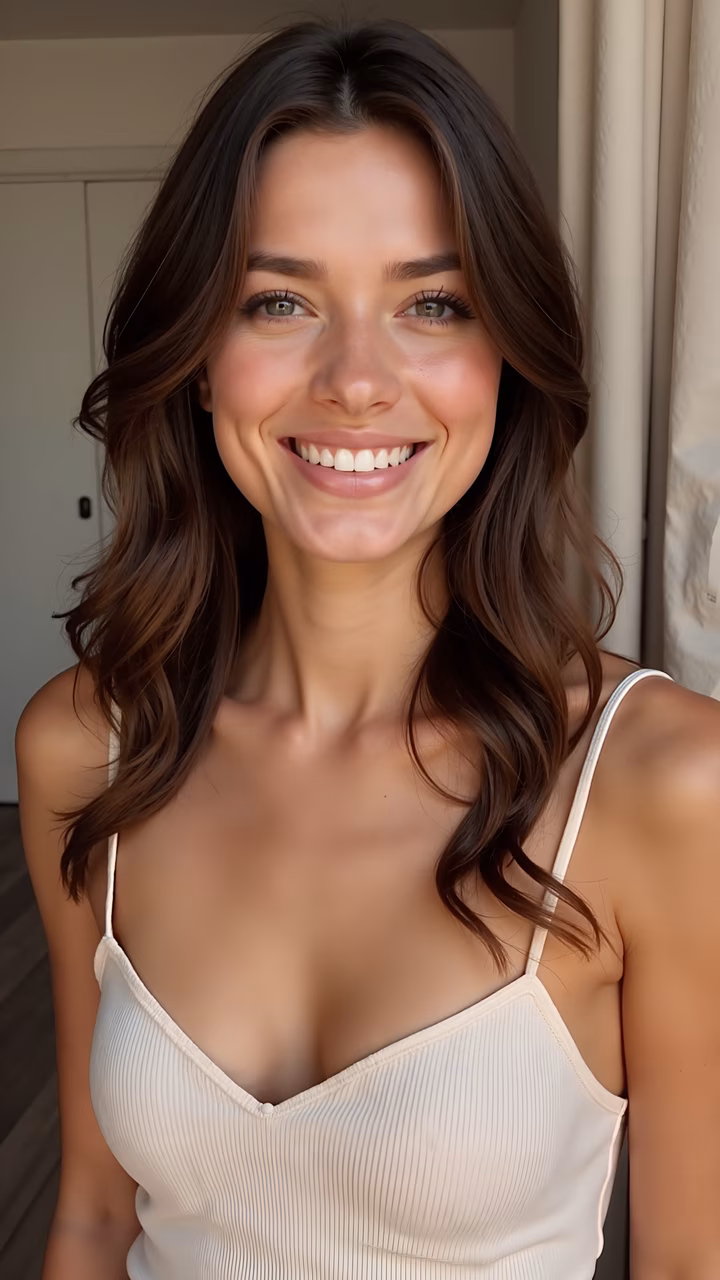 Close-up portrait of a smiling individual with natural beauty and warm lighting.