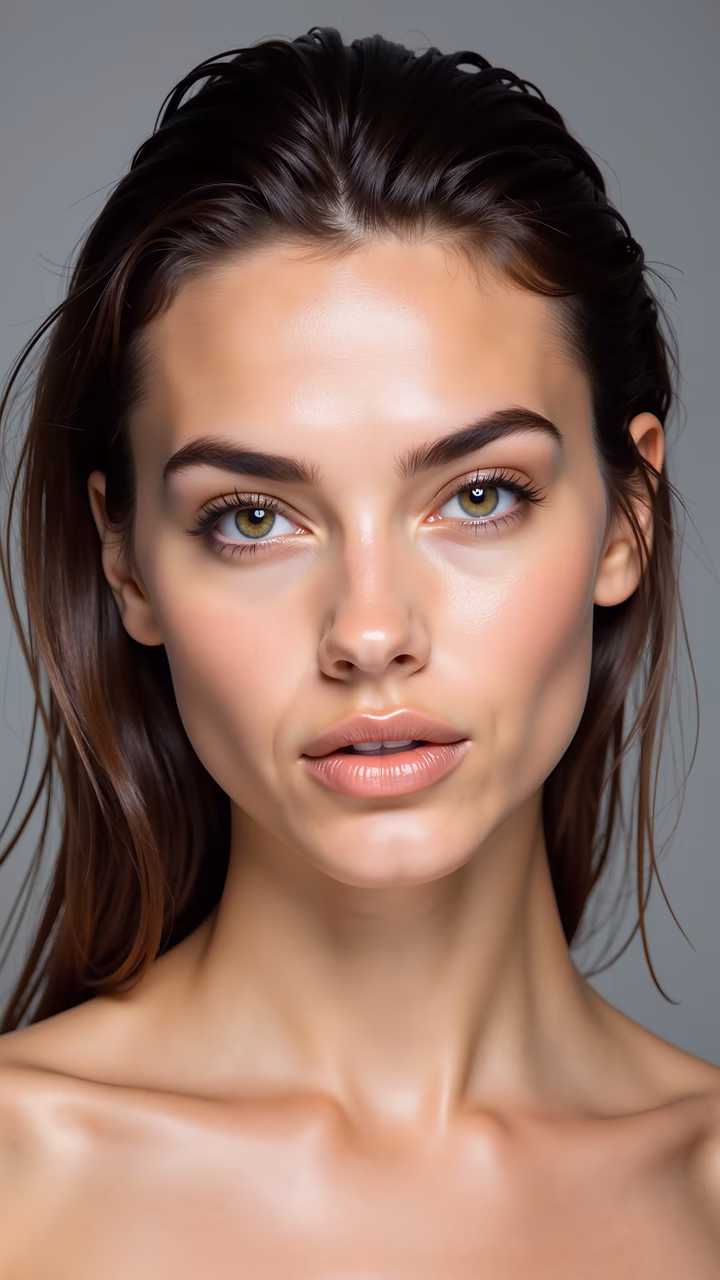 Close-up portrait of natural beauty with soft lighting and neutral background.