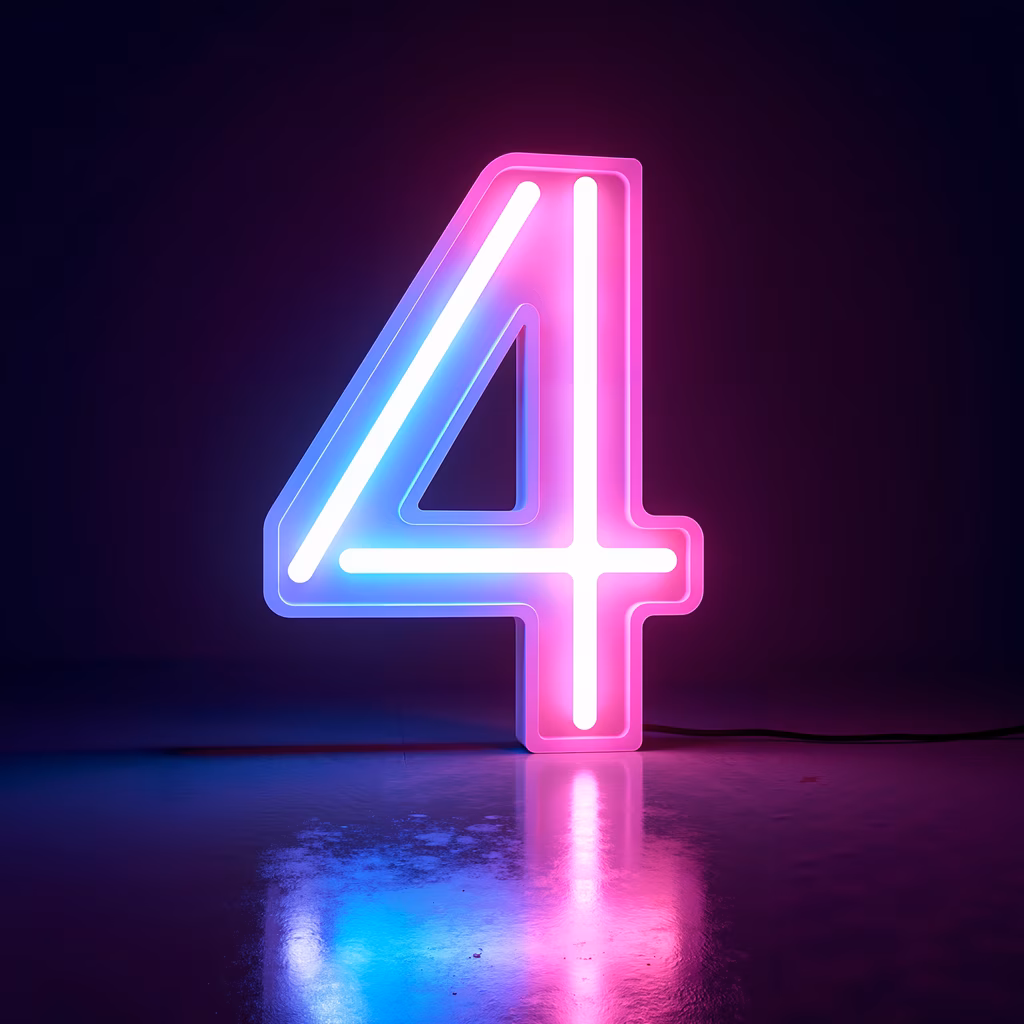 Vibrant neon number four glowing against a dark gradient background, reflecting on glossy floor.