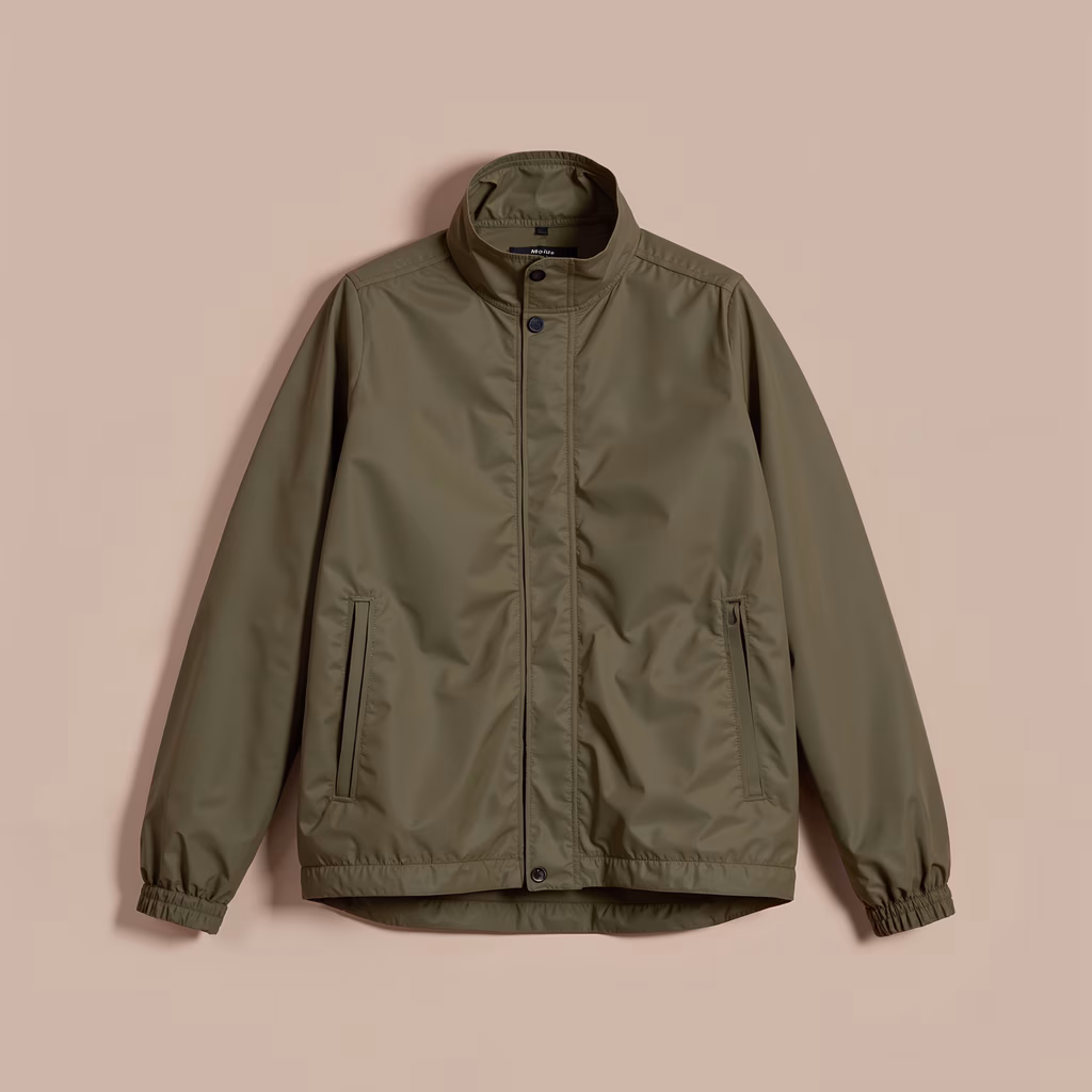 Elegant olive green jacket with clean lines and minimalist design.