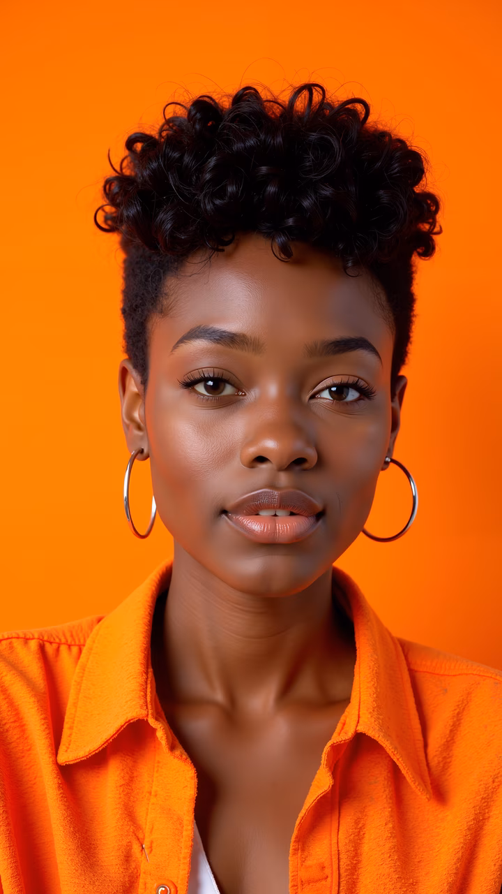 Bold orange portrait with vibrant lighting and textured hair.
