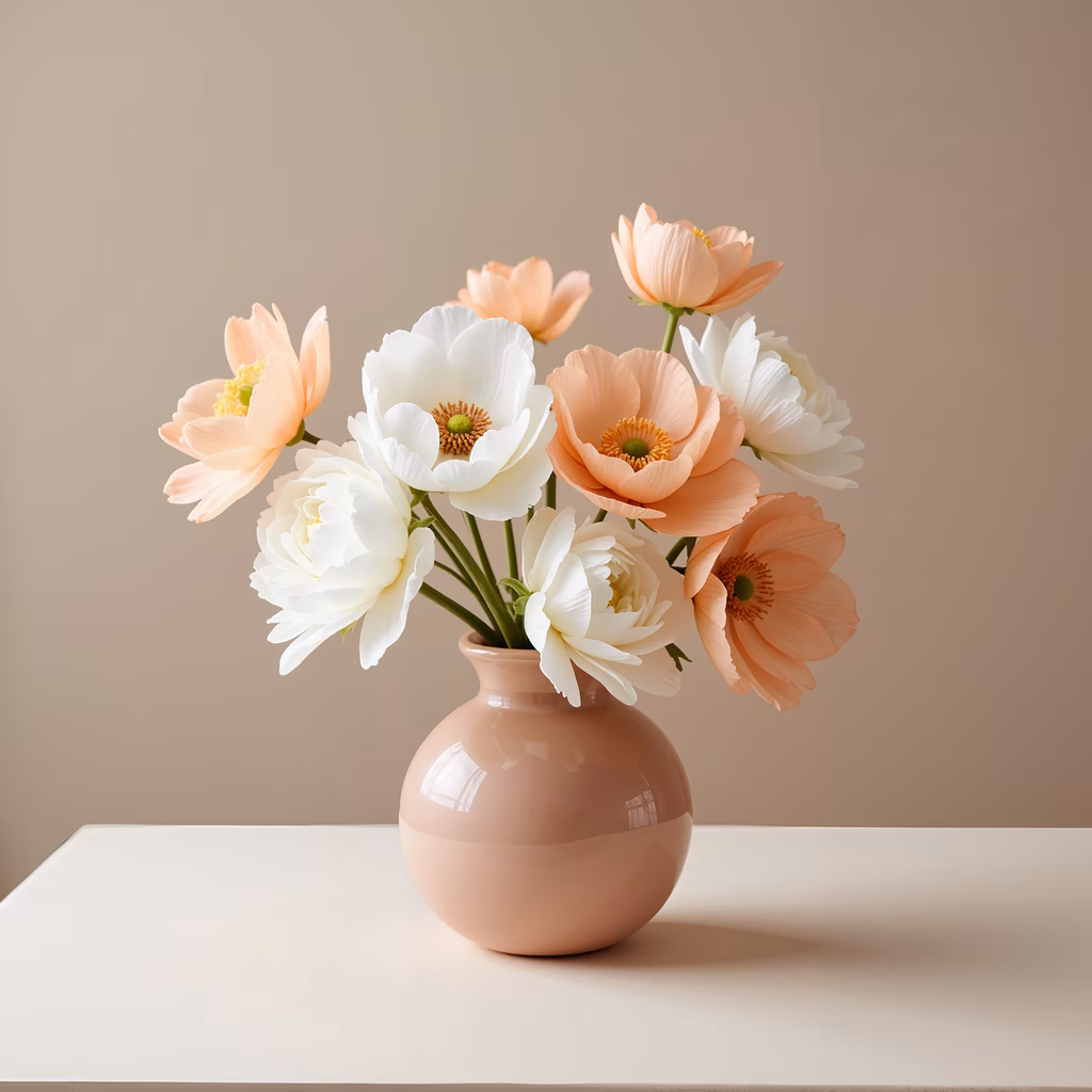 Elegant pastel floral arrangement in soft pink vase, serene still life photography.