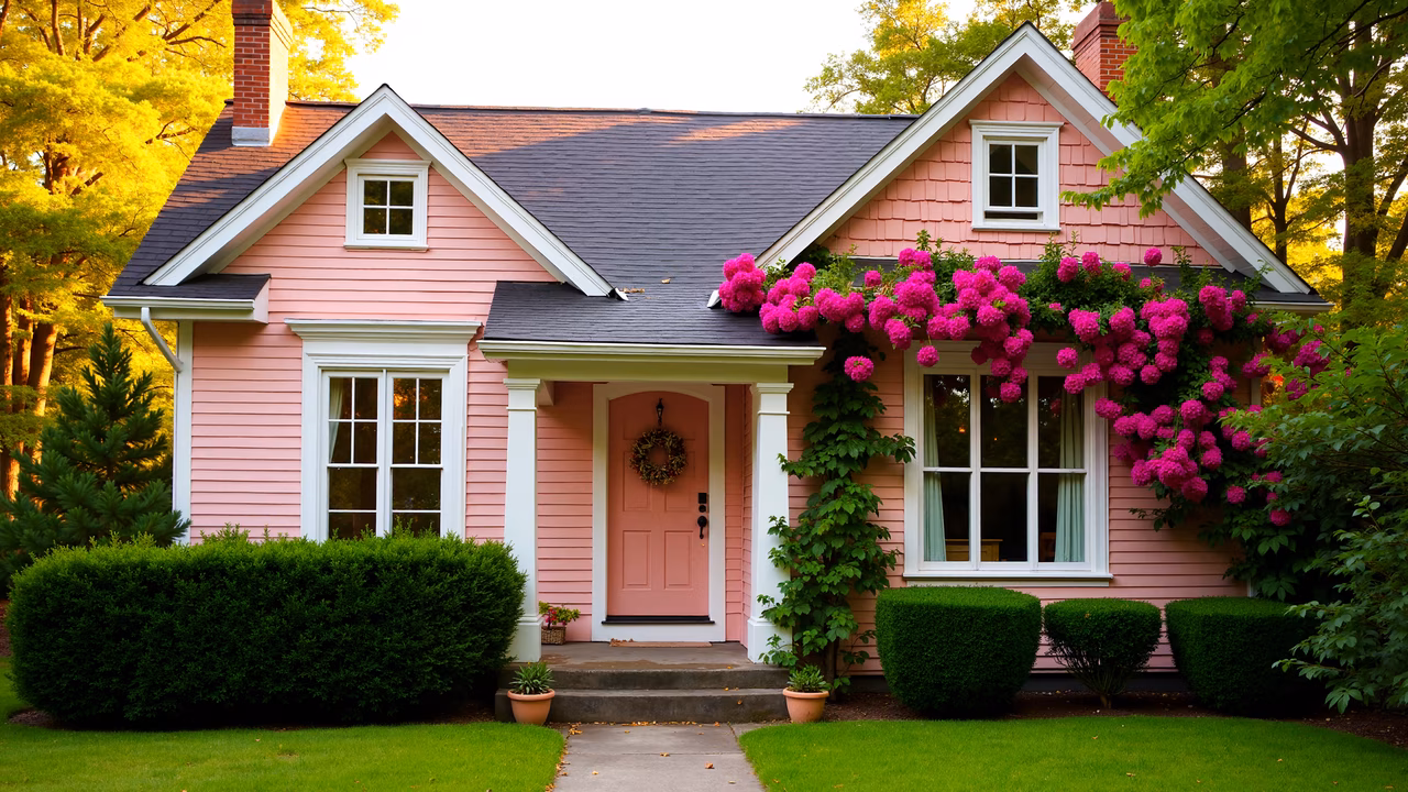 A quaint pink cottage surrounded by greenery, exuding warmth and tranquility.