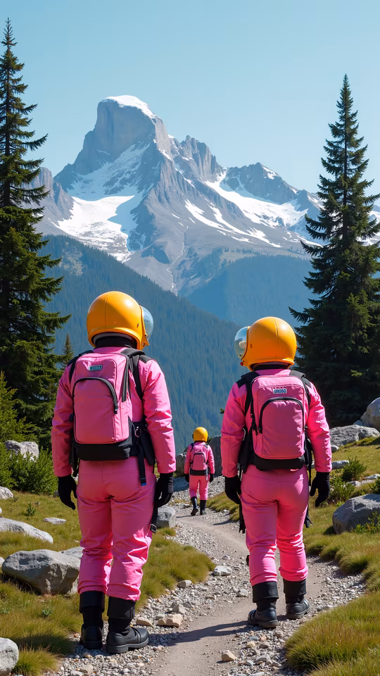 Pink Hikers in Mountain Landscape