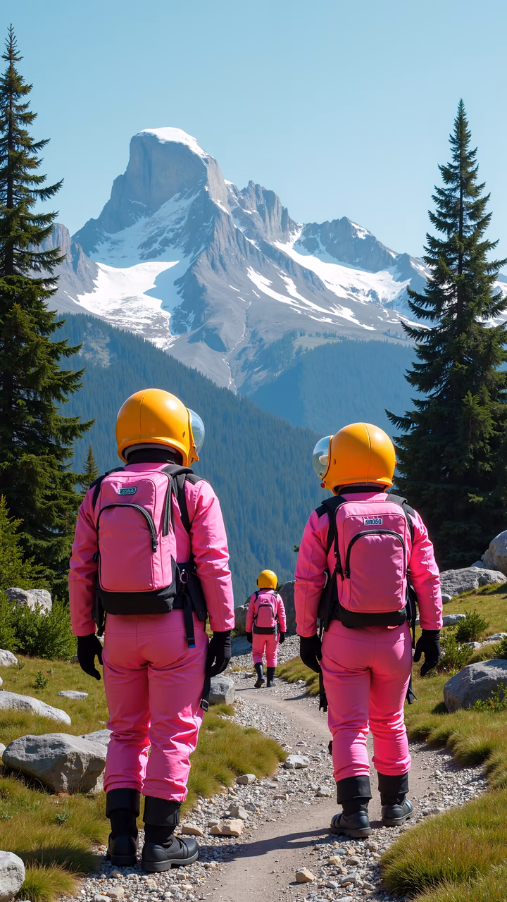 Vibrant pink hikers against a stunning mountain backdrop.