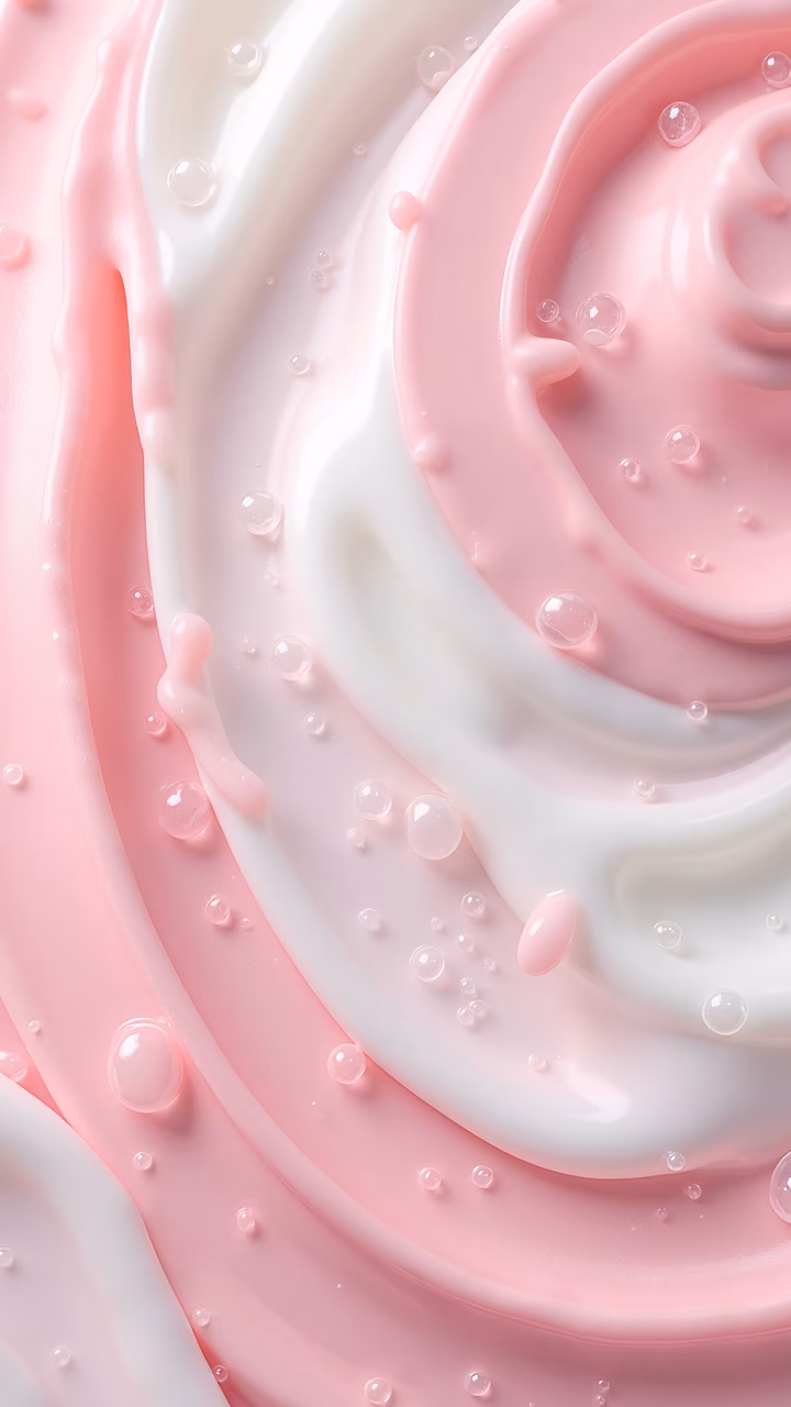 Close-up of creamy pink and white swirls, perfect for beauty and skincare themes.