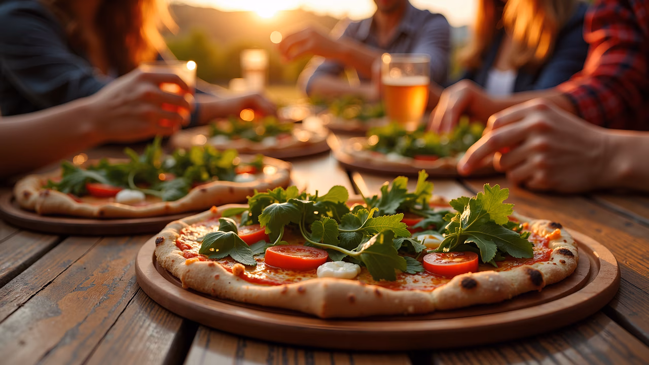 Pizza party at sunset with friends enjoying the warm glow of the golden hour.