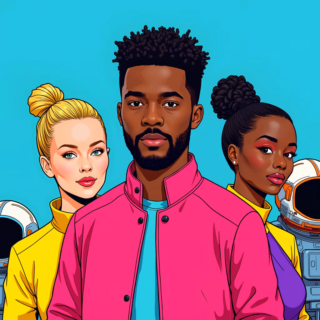 Vibrant pop art portrait featuring three individuals in bold colors and exaggerated features.
