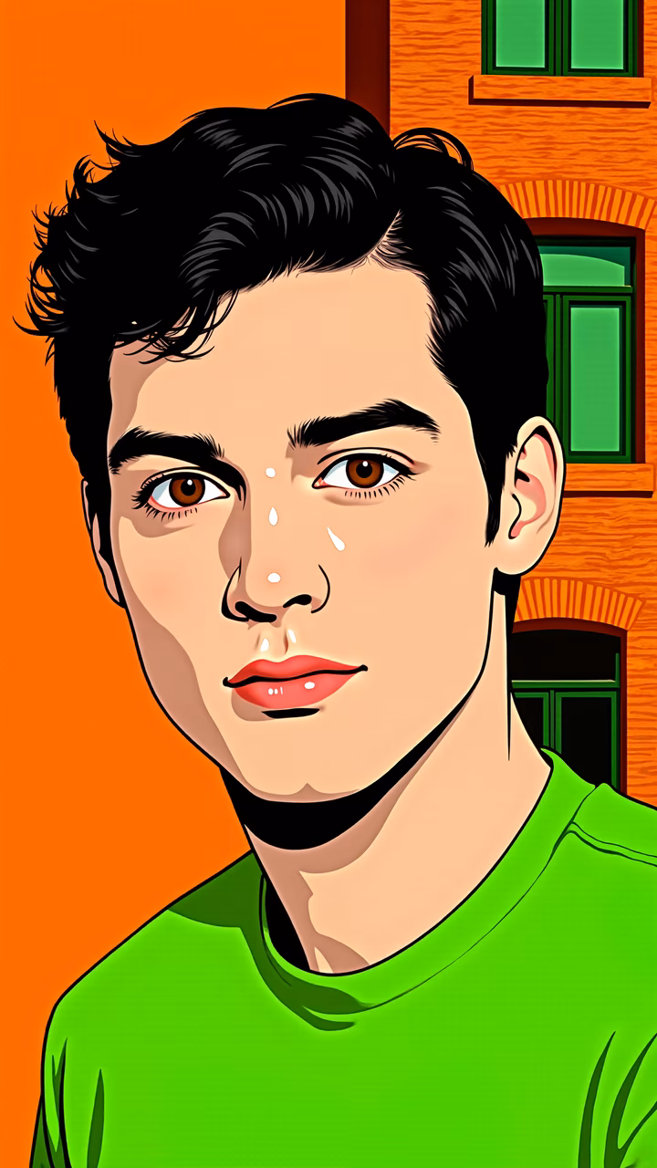 Vibrant pop art portrait with bold colors and exaggerated features.