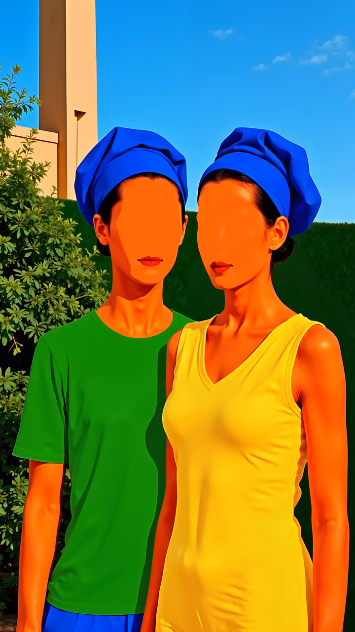 Bold pop art twins in primary colors against a serene backdrop.