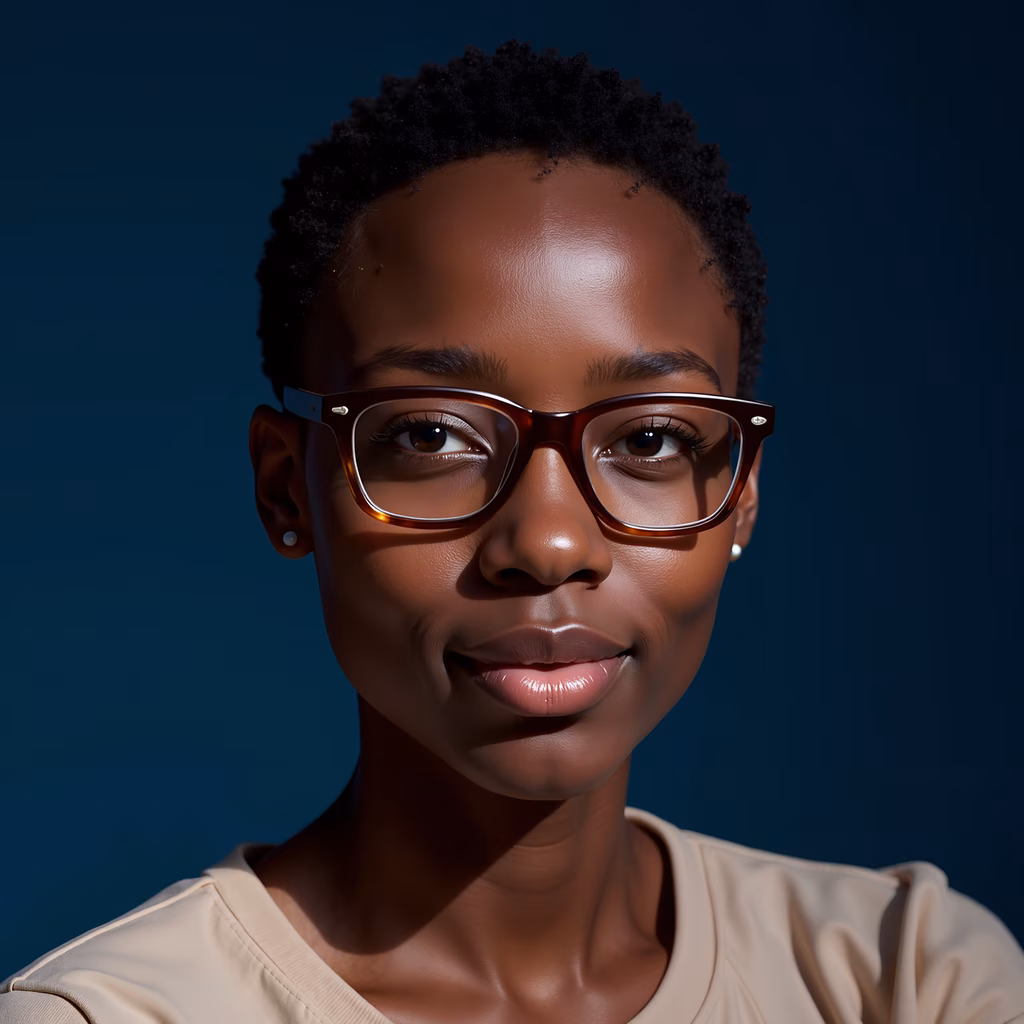 Close-up portrait of a person wearing glasses against a deep blue background.