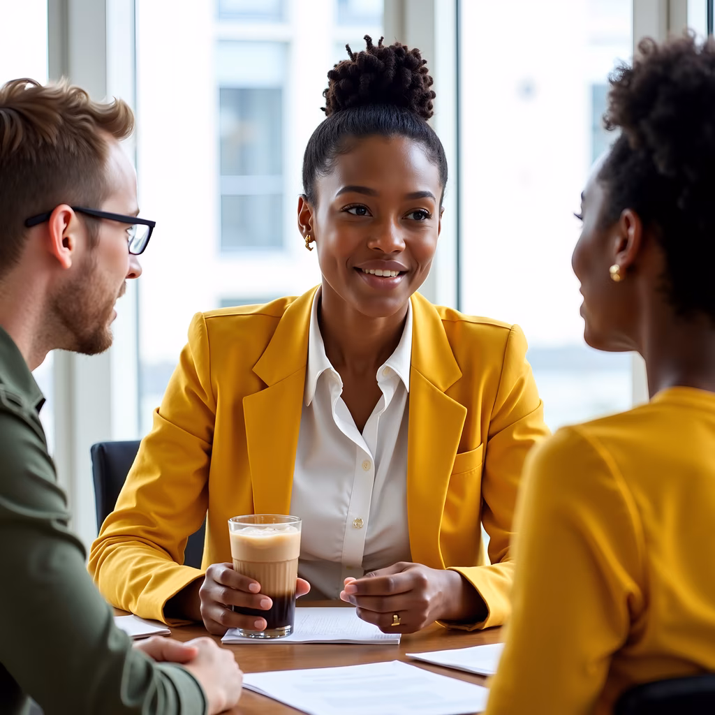 Professional meeting with three individuals in a bright, modern office setting.