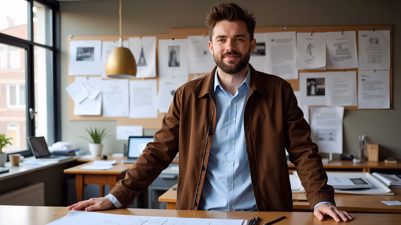 Confident professional portrait in a modern office environment.