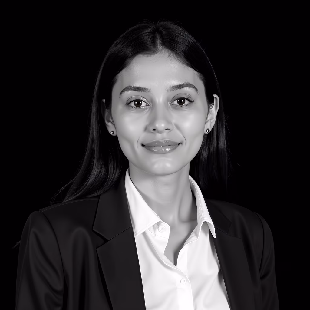 Formal black-and-white portrait of a confident individual.