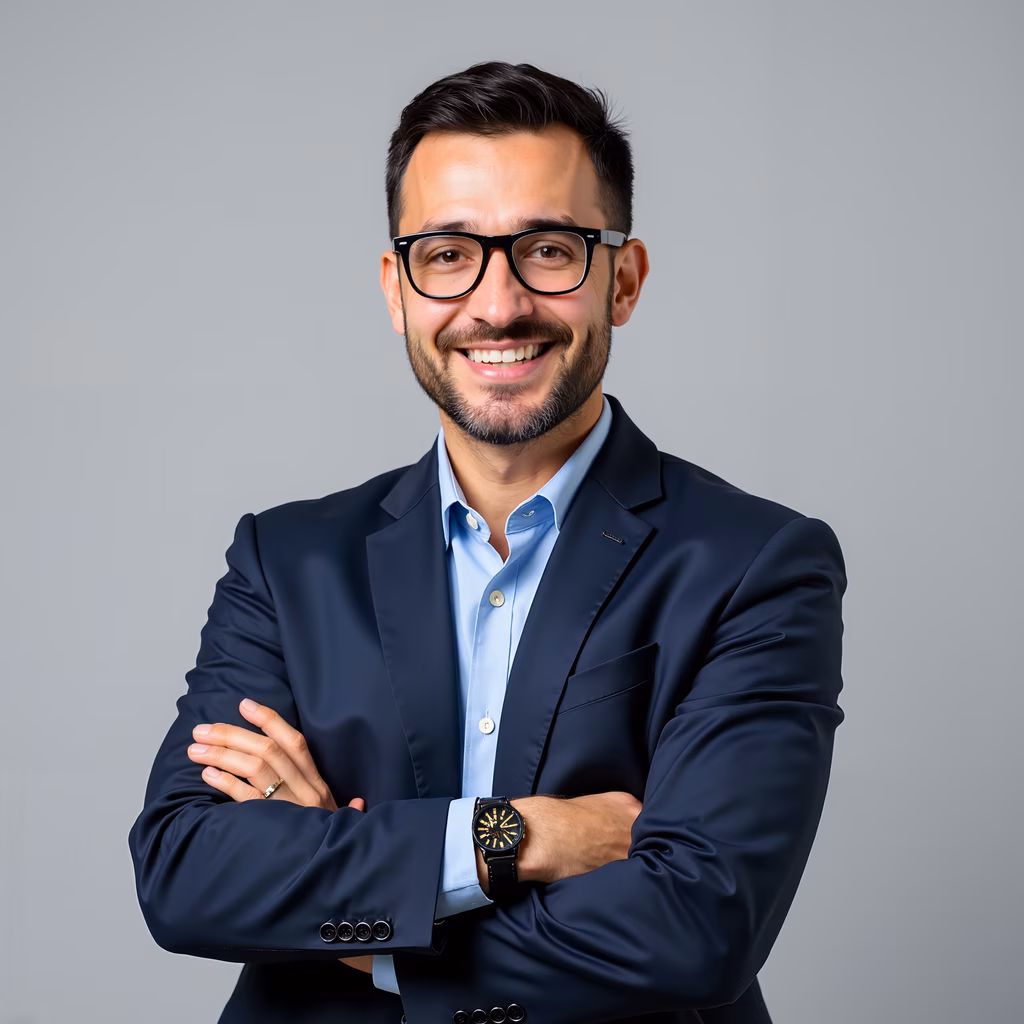 Confident professional portrait of a man in a navy blue suit.