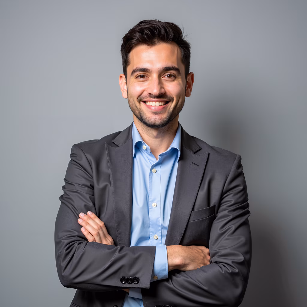 Confident professional portrait of a man in a suit, neutral background.