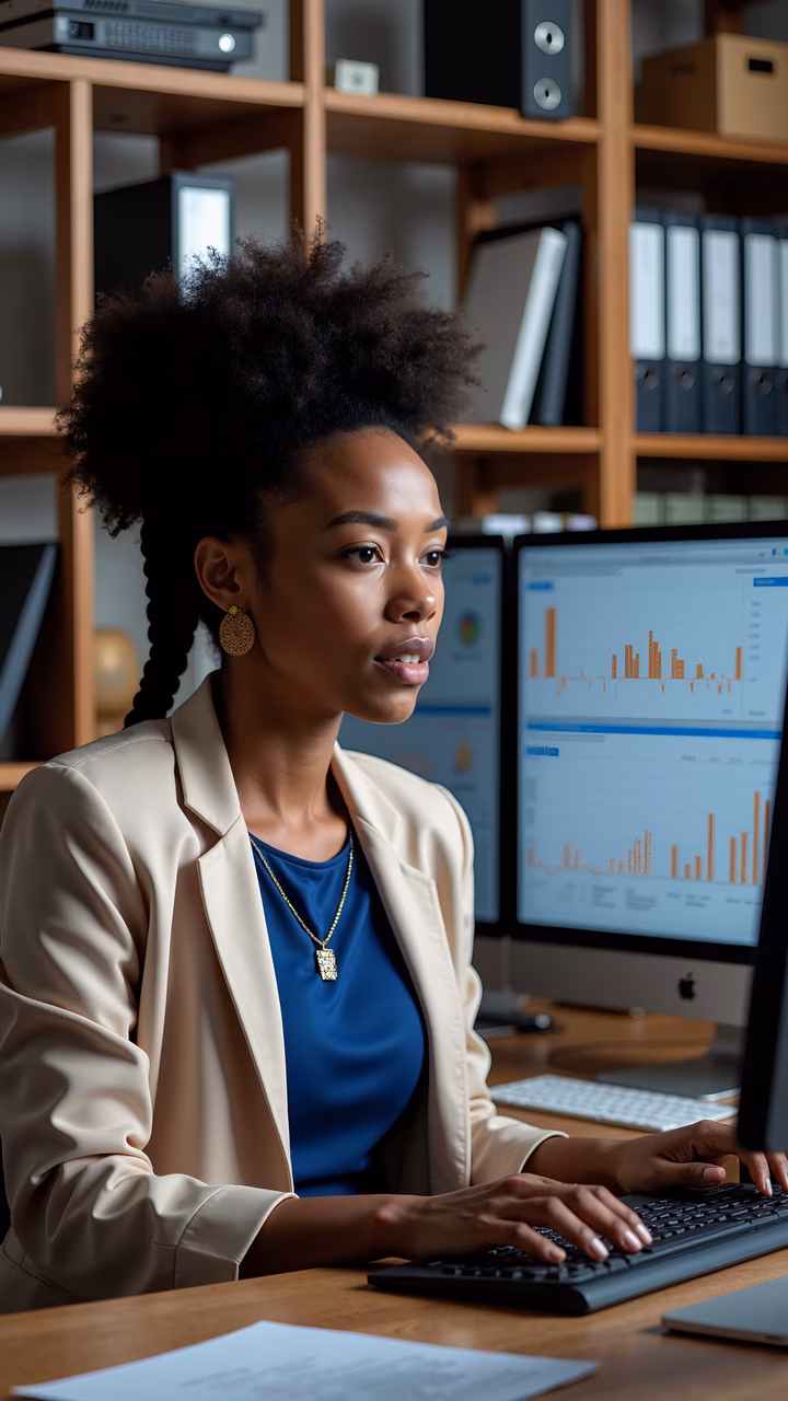 Focused professional woman working in a modern office setting.