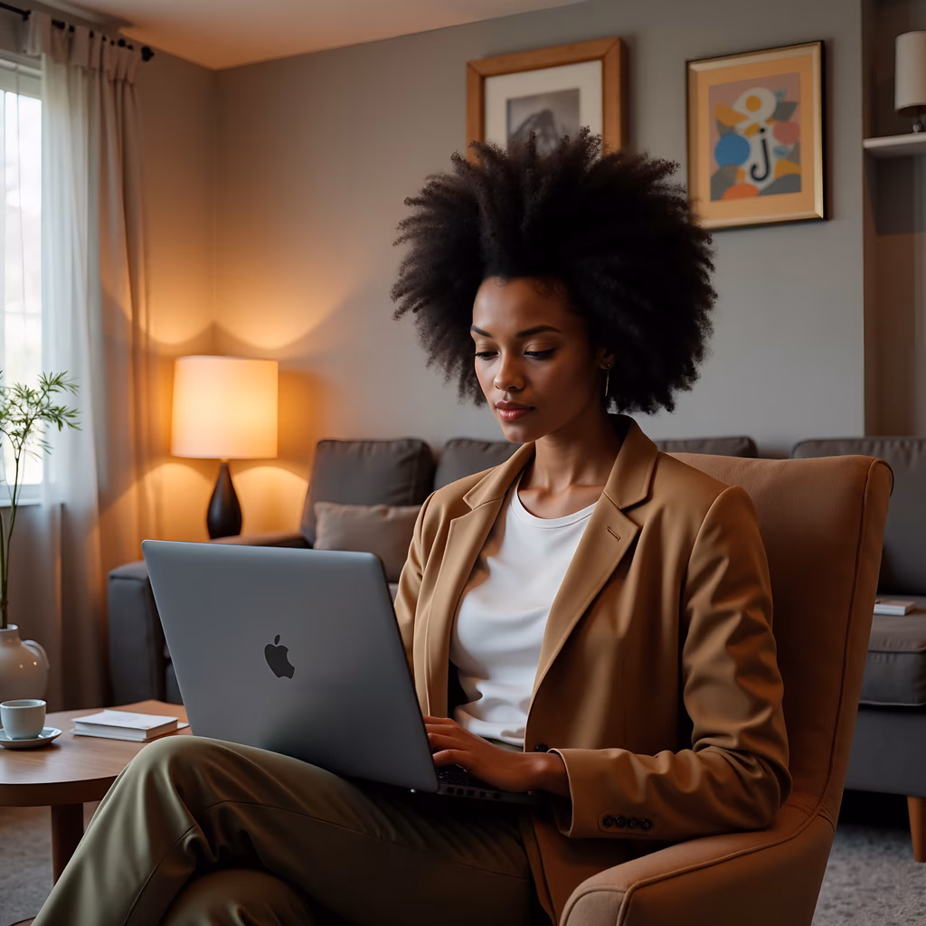 Professional woman working on laptop in a cozy, modern living room.