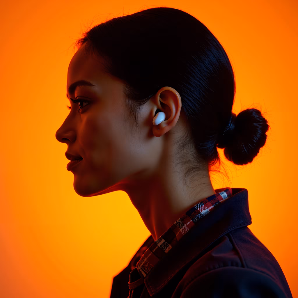 Serene profile portrait with earbud against vibrant orange backdrop.