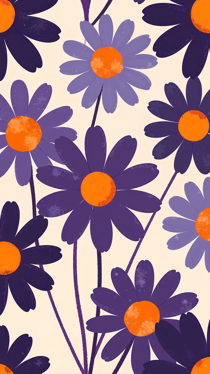 Vibrant purple daisies with orange centers on a beige background, evoking a retro aesthetic.