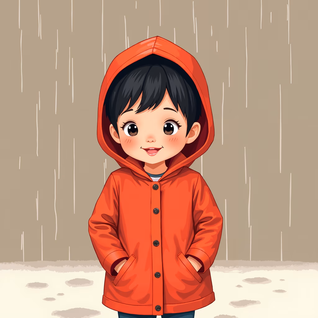 A joyful child in a raincoat under a gentle shower, symbolizing resilience and happiness.
