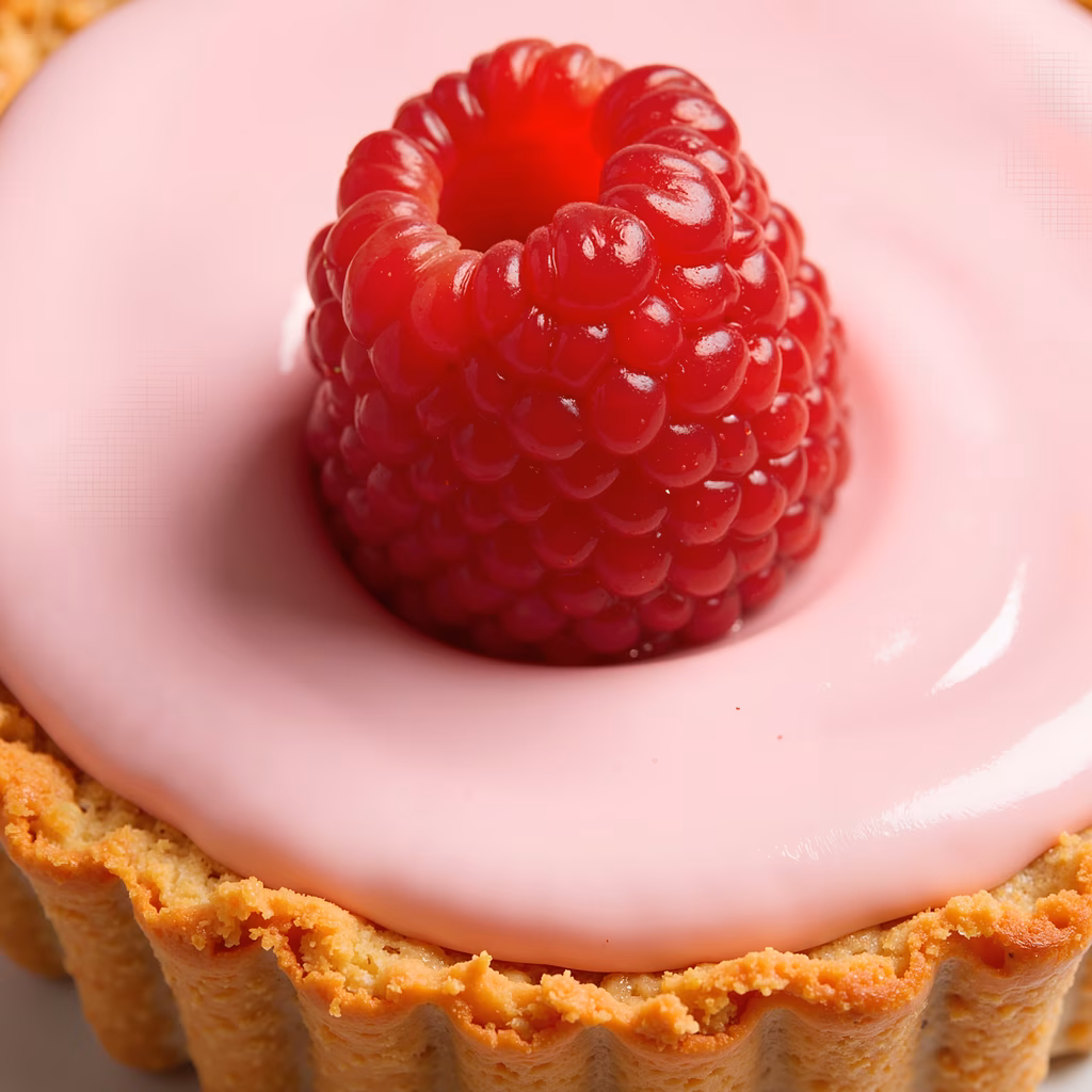 Close-up of a raspberry tart with glossy pink glaze and vibrant red berry.