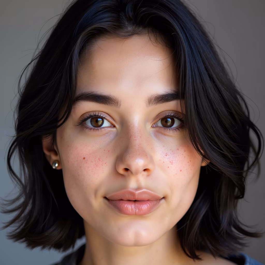 Close-up portrait of a serene individual with natural beauty and soft lighting.