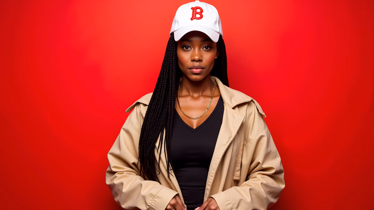 Bold fashion portrait with red background and beige trench coat.