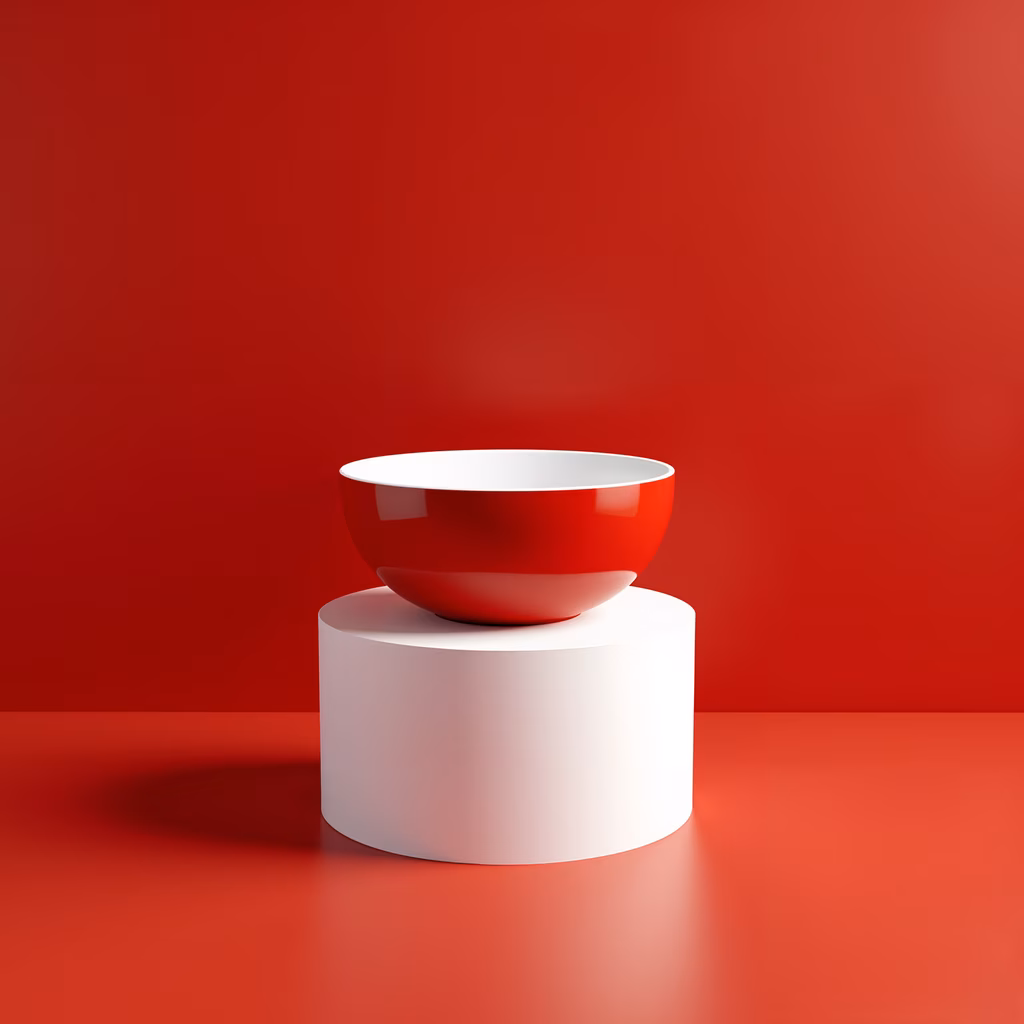 Minimalist red bowl on white cylinder, stark contrast, elegant simplicity.