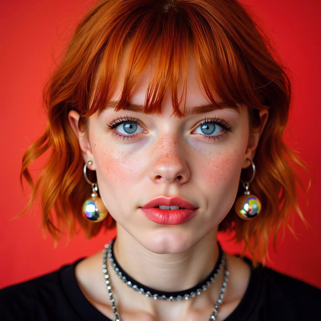 Close-up portrait of red-haired individual with vibrant red background and elegant accessories.