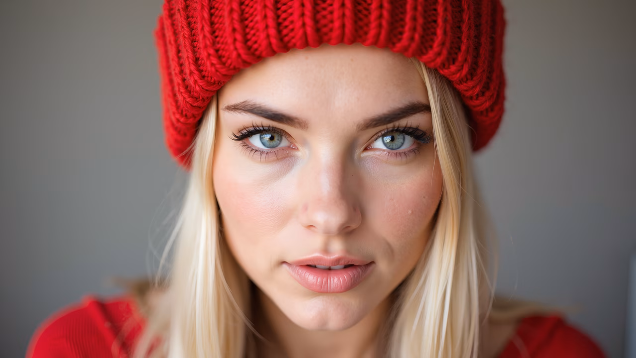 Close-up portrait of a person wearing a red knit hat against a neutral gray background.