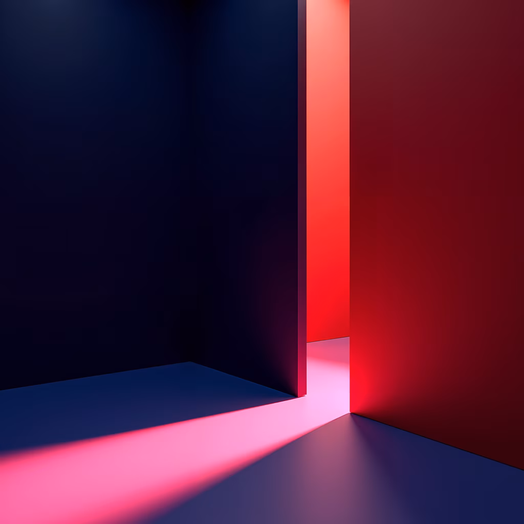 Minimalist geometric interplay of red and blue hues, creating a mysterious and intriguing atmosphere.