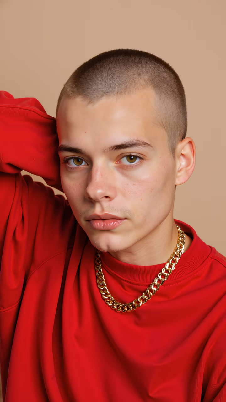 Bold red sweatshirt and gold chain necklace in a minimalist setting.