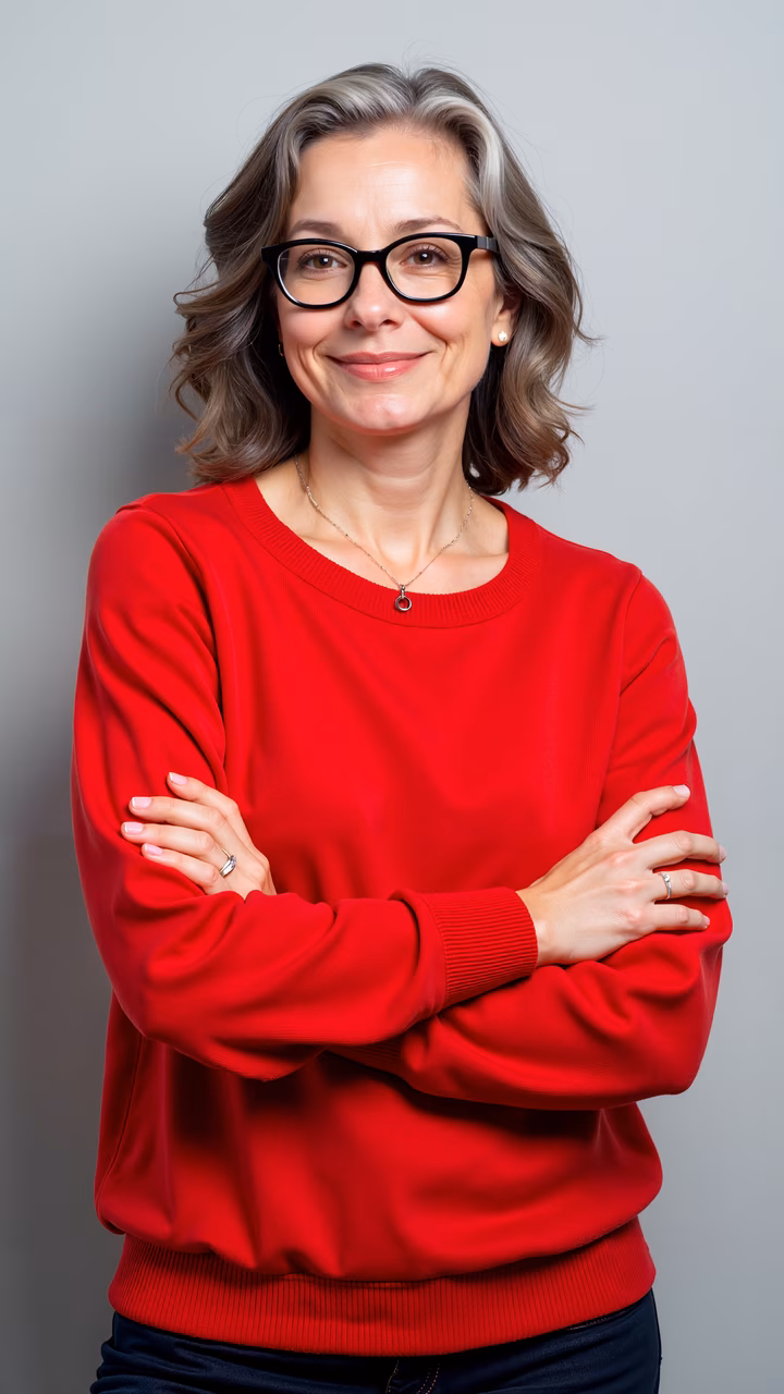 Confident portrait of a woman in a red sweater against a neutral background.