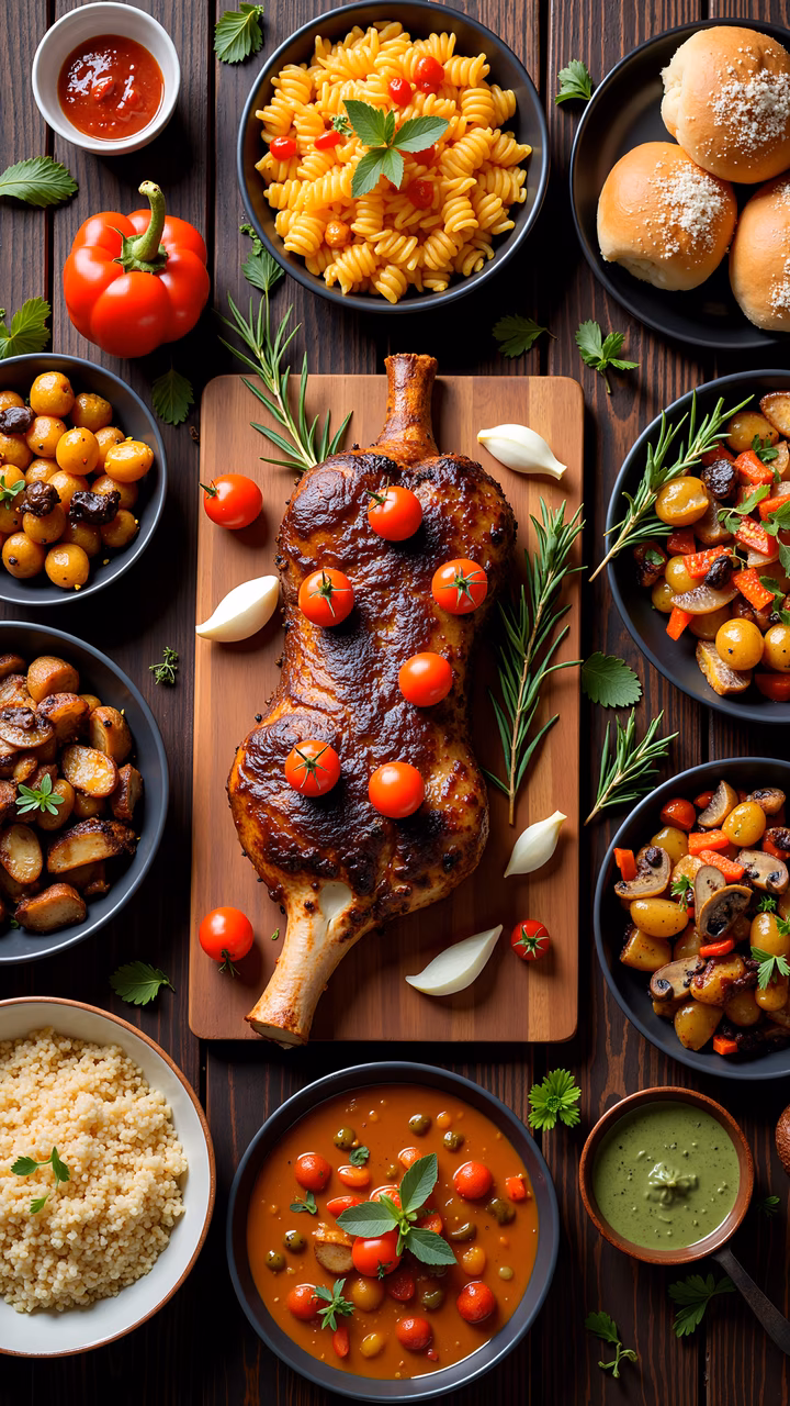 A mouth-watering spread of roasted chicken, pasta, and fresh vegetables.