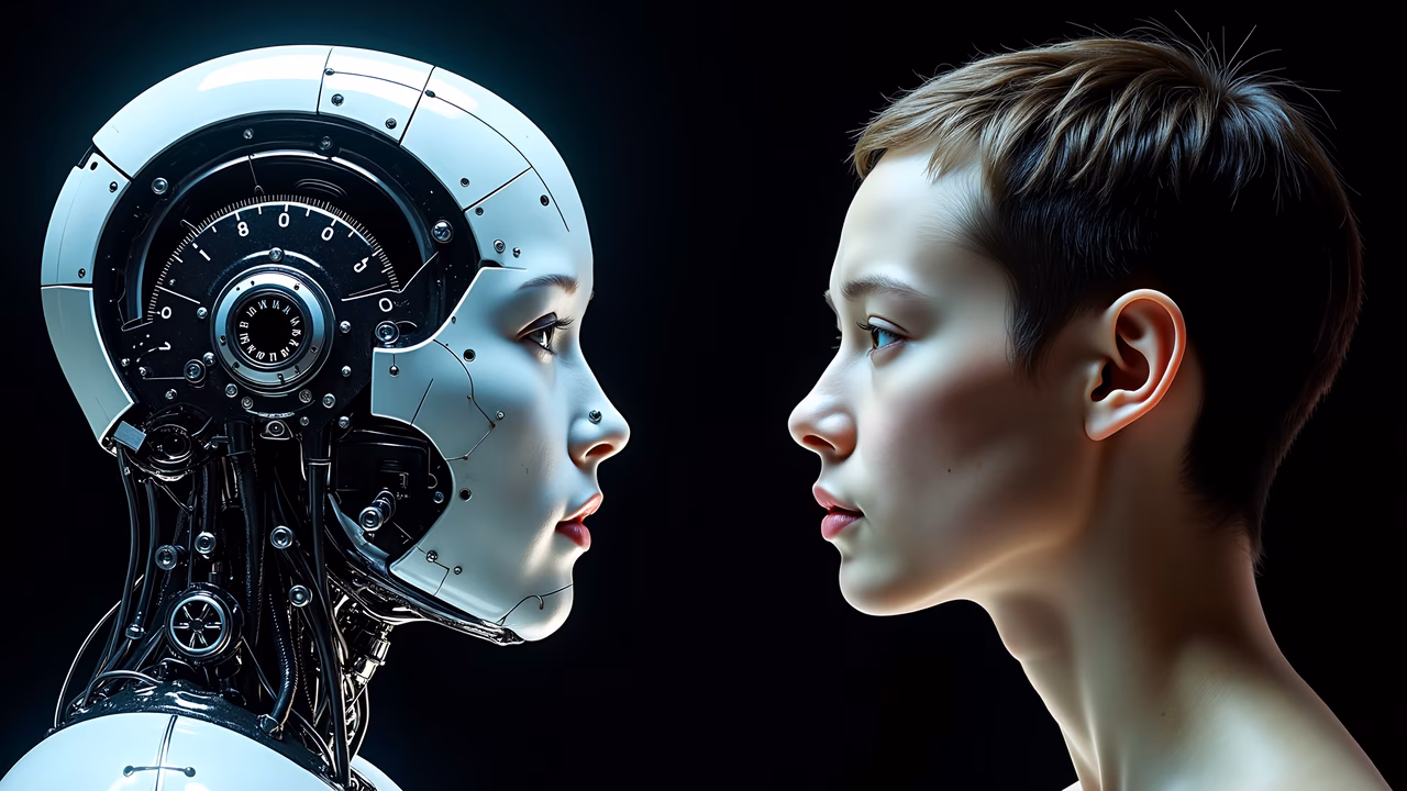 A striking contrast between a robotic and human figure in a futuristic setting.