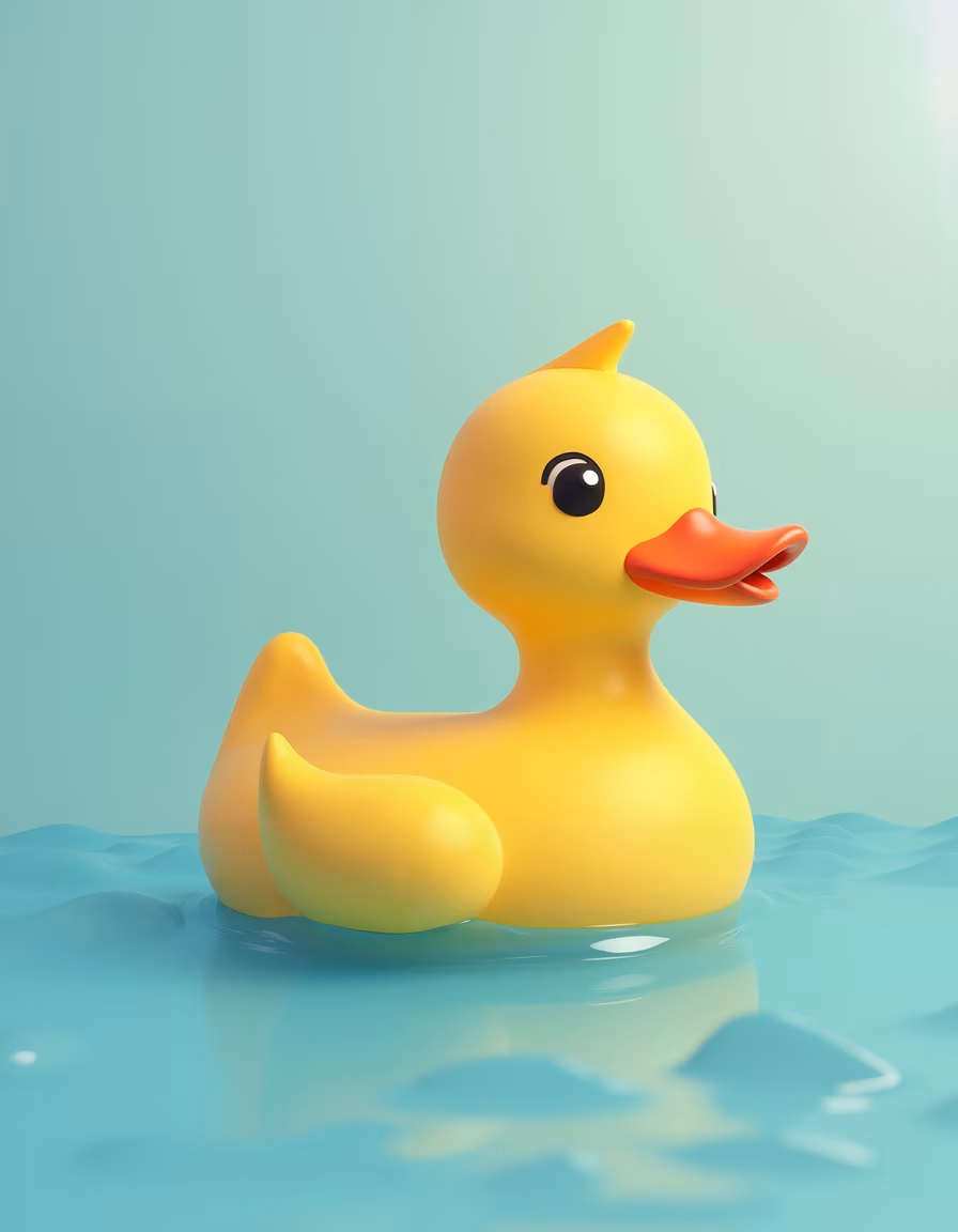 Bright yellow rubber duck floating on light blue water, evoking joy and innocence.