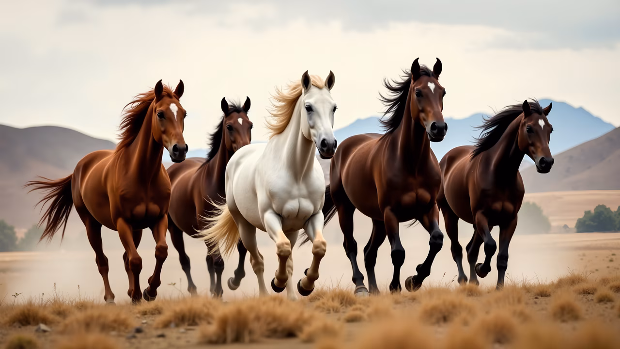 Dynamic illustration of five galloping horses in a dusty landscape.