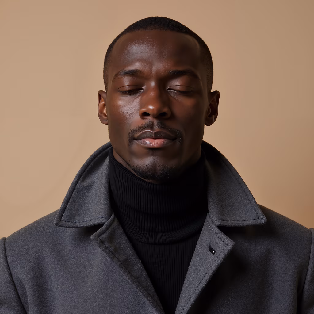 Close-up portrait of a man with closed eyes, exuding calm and introspection.