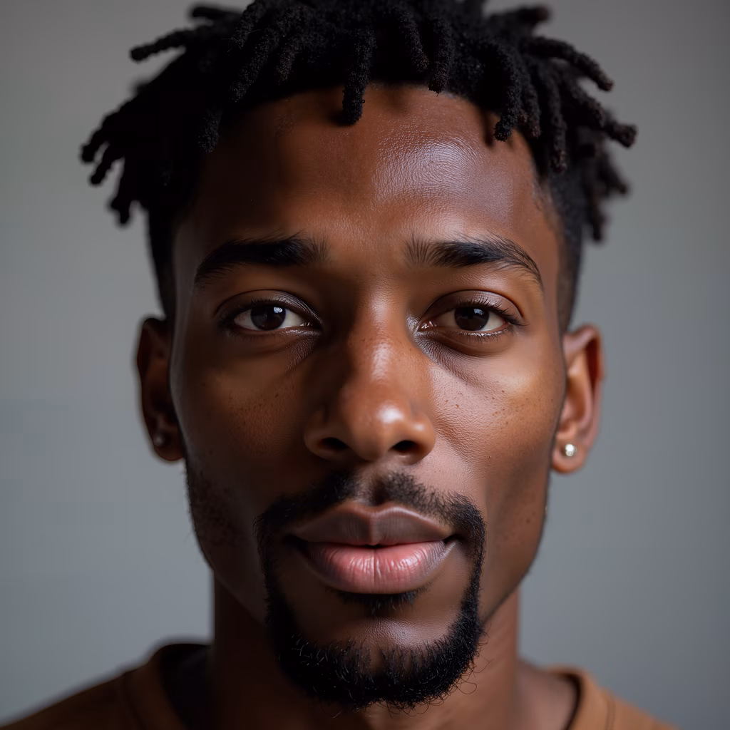 Close-up portrait of a young man with a serious expression, captured in soft, even lighting.