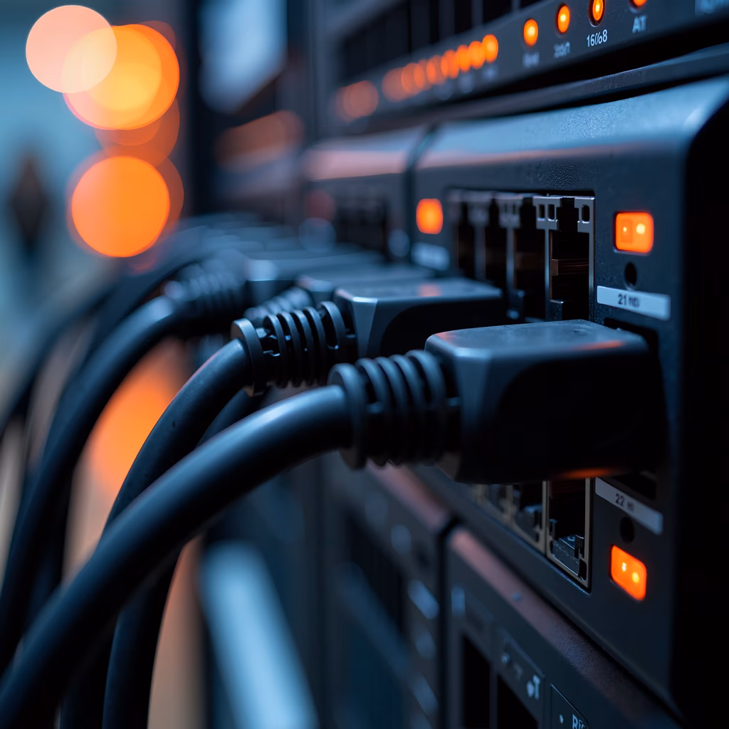 Close-up of server connections with illuminated lights, emphasizing technology and complexity.