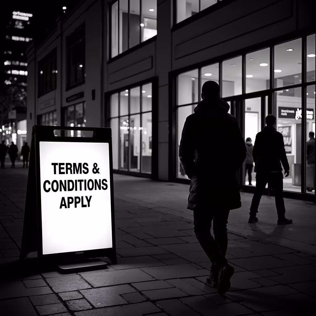 Silhouette of a man walking past a terms and conditions sign in a vibrant urban setting.